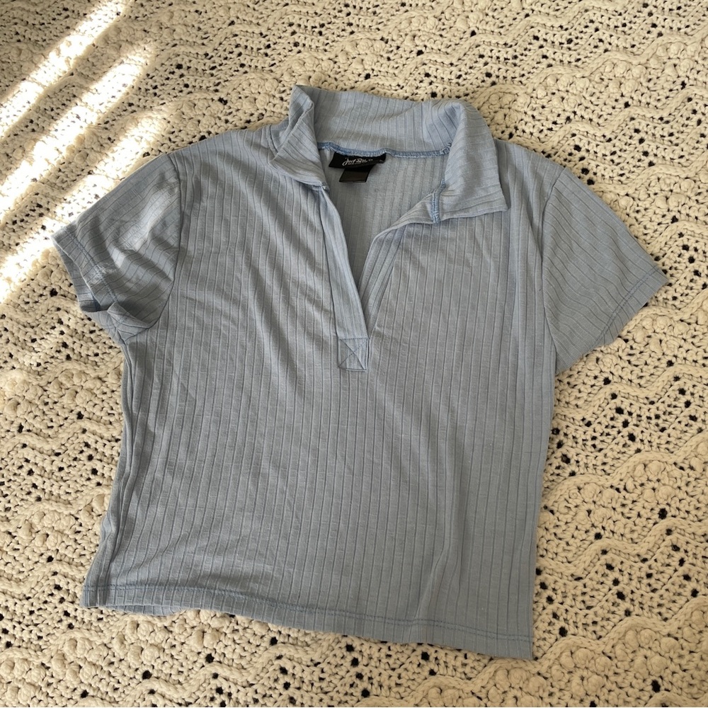 Just Polly V Neck Collared Rib Crop Baby Tee Blue (Medium)